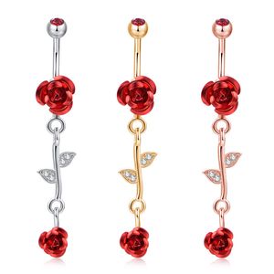 Sexy Sirgical Steel Duplo Rose Botão Longo Botão Anéis Cristal Zircão Dangle Anel de Umbigo para Mulheres Homens Corpo Jóias