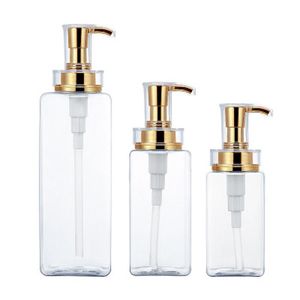 Garrafas quadradas de Shampoo High-end 300 ~ 500ml Transparente / Branco Plástico Garrafa vazia com bomba de ouro Bomba de ouro Bomba de loção de gel Sub-garrafa