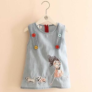 Sommer Mode Kleines Mädchen Stickerei Cartoon Hund Tank Weste Kleider mit Knöpfen Oansatz Baby Mädchen Kinder Denim Kleid 210529