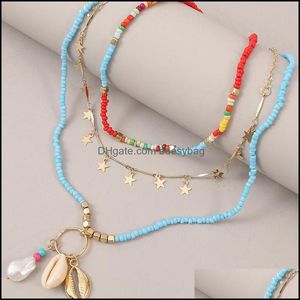 Hangers Sieraden3 stks/set Boho Mode Natuurlijke Schelp Ster Hanger Blauw Glas Kralen Lange Kettingen Voor Vrouwen Trendy Gouden Metalen Ketting Neckl