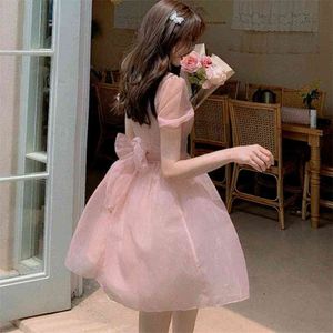 Fairy Dress Women Sexy Puff Sleeve Pink Lace Chiffon Sweet Dress Kawaii French Style Elegant Summer Mini Dress New Arrival 210331