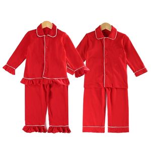 Familj Jul Pyjamas Boys Toddler Girls Sleepwear Ruffle Frill PJS 100 Bomull Röd Pyjamas Set 211109