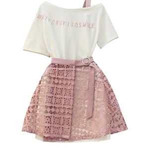 Elegant Pink 2 Piece Set Women Sweet Cross Bowknot Irregular Crop Top T Shirt + Mesh Floral Tulle Long Skirts Suits 210520