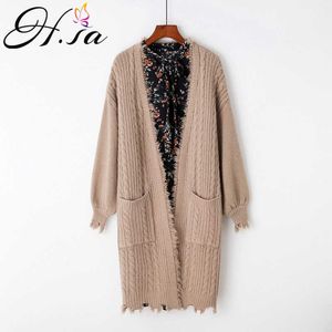 H.SA Kvinnor Långtröja Coat V Neck Casual Strikkad Ponchoes Puff Sleeve Tassel Knit Coat Long Sweater Cardigans Spring 210716