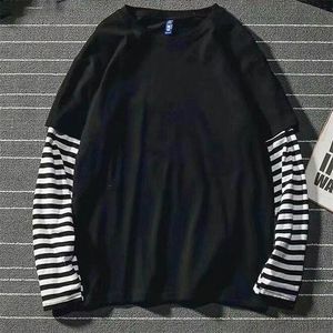 Coreano Harajuku preto branco listrado hip hop camisetas Mulheres mulheres outono de manga comprida falsificar duas peças camiseta roupas sólidas tshirt 220214