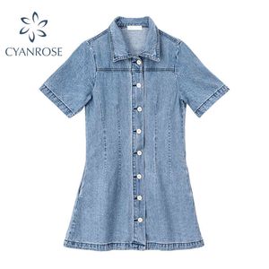 Sommar denim gröda klänning kvinnor kortärmad singel breasted rok frocks hög midja smal elegant tidvatten parti klubb jean klänningar 210417