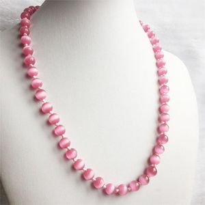 Catene 8MM Collana di giada occhio di gatto rosa Nodo Gioielli in pietra naturale vintage Nobile Elegante catena squisita Girocollo Collier 40/45/50 / 55CM