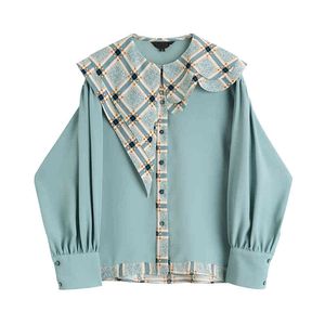 Vintage Långärmad Spliced ​​Lapel Women Blouse Elegant Mode Split Gemensam Toppar Höst Fransk Round Neck Female T-shirt 210417