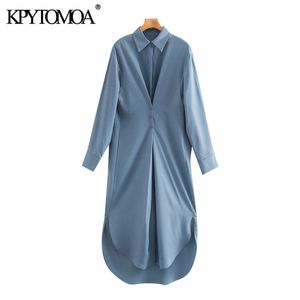 Women Chic Fashion With Button Pleated Asymmetric Midi Dress Vintage Lapel Collar Long Sleeve Female Dresses Mujer 210416