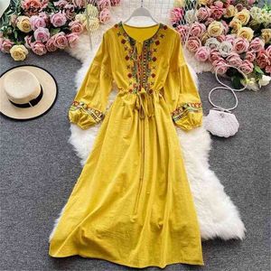 Boho Vintage Sukienka Kobieta O-Neck Desert Beach Bawełniana Pościel Vestido Lady Es Długi Rękaw Żółty Wakacje Lato 210603