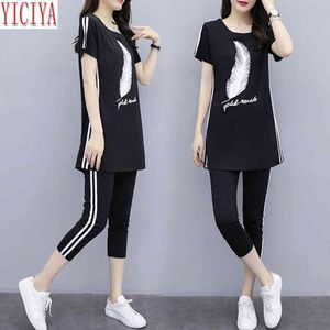 Yiciya Eşofman Kadınlar için Kıyafet Spor CO-ORD SET 2 Parça Pantolon Takım Elbise Ve Üst Artı Boyutu 3XL 4XL 5XL Yaz Siyah Giysileri X0428