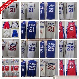 2020 Novo Basquete Joel 21 Embiid Jerseys Bege Cidade Bege Ben 25 Simmons Jerseys Melhor Qualidade Azul Vermelho Branco Homem Basquete Shorts