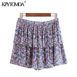 Kobiety Chic Moda Floral Print Ruffled Spodenki Vintage Wysoka Talia Strona Zipper Kobiet Krótkie spodnie Pantalones Cortos 210416