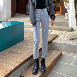 Высокая талия сплит брюки легкие мыть тонкие прямые джинсы джинсовые корейские шикарные Все матча моды упругие брюки 210525
