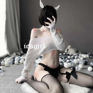 Sevimli Anime Cosplay Fantezi Elbise Erotik Lingerie ile Pantie Melek Ve Şeytan Seksi Günaha V Yaka Kısa Örgü Pijama Set Y0913