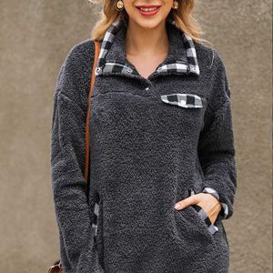 Vinter Utomhus Plaid Slå ner Collar Sweatshirt Hoodie Warm Coats Hoodie Sweater Plush Woolen Fur Pullover för kvinnor Streetwear 210930