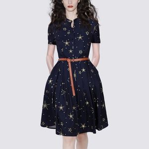 Retro Temperament Short Sleeved Stand Collar Star Print Women Summer Single-breasted Sashes Casual Knee-Length Dress 210514