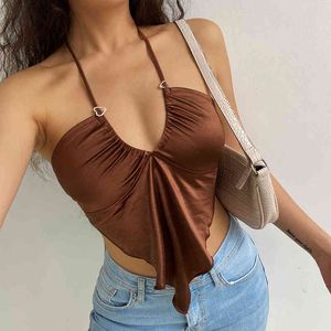 Коричневый атласный сексуальный повязки Halter Cami V-шеи Y2K Crow Top Runched Spaghetti ремешок Tee женщин новая тенденция вечеринка рубашка пляжная одежда 210415