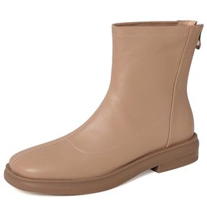 Boots 2021 Winter Authentic Cowhide Female Square Toe Pure Color Simple Casual Fashion Plus Velvet Nude