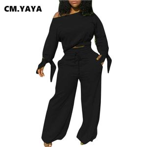 Cm.yaya 2020 осень зима женские наборы верховные топы леггинды брюки установить трексуит два куска наряд активный лук спортивная одежда спортивная спортивная сторона y0625