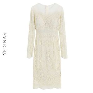 Yedinas primavera vintage elegante mulheres vestido branco sexy lace off vestidos de festa de ombro manga comprida bodycon senhoras vestidos 210527