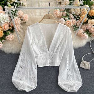 Sexy Hollow Out Women's Blouse Elegant Deep V-Neck Slim Short Shirts Female Puff Long Sleeve White Tops Autumn Blusas 210721