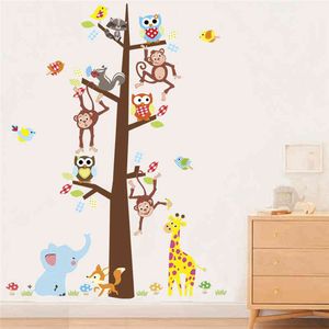 Лесное дерево сова обезьяна жираф наклейки на стену для детей комнаты дома декор мультфильм животных на стене наклейки ПВХ роспись искусства DIY плакат 210420