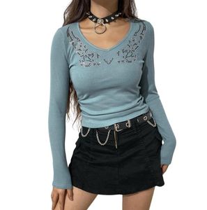 Damen T-Shirt Y2K Einfacher Stil Slim-Fit Crop Tops Erwachsene Weiblich Vintage Strass Langarm Rundhals 90S Skinny Alltagskleidung