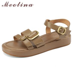 Meotina Scarpe Donna Sandali in vera pelle naturale Sandali piatti con fibbia Punta quadrata Pelle di mucca Calzature da donna Estate Marrone 210608