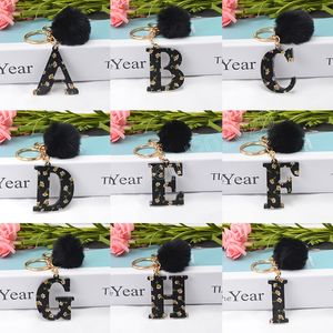 Cute Black Pompon List Keychain Angielski Alfabet Brelok Uchwyt Brokat Żywicy Kluczowe Łańcuchy Pierścienie Kobiety Torebka Charms