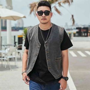 Plus Size 6XL 7XL 8XL Summer Single-breasted Men's Washed gray Denim Vest Coat Fashion Loose Male Sleeveless jeans Jacket 210925