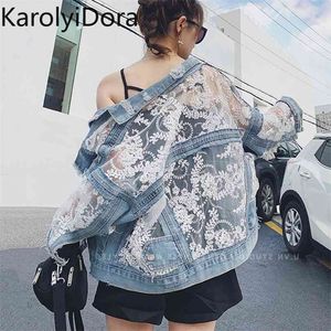 Streetwear Lace Patchwork Jean Hole Denim Jacket Coat Women Oversized Long Sleeve Perspective Flower Embroidery Loose Overcoat 210902