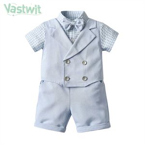 Kleinkind Baby Jungen Taufe Outfit Junge Hochzeit Geburtstag Party Plaid Krawatte Tops Shorts Formale Gentleman Anzüge Taufe Junge Kleidung G1023