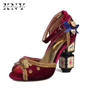 Trendy Design Large Size 34-43 Ethnic High Heels Pumps Women Classic Princess Style Brand Metal Woman Shoes Red Sandals