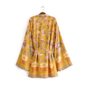Mini Kimonos al por mayor-Boho Floral Print Kimono Women Playa Estilo Moda Fashes Blusas Largas Femenino Hermoso Mini Vestido Camisas de la mujer