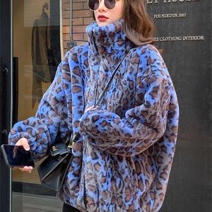 Lautaro Winter Oversized Colorful Leopard Print Faux Fur Coat Women Long Sleeve Zip Up Warm Soft Fluffy Jacket Korean Fashion 211110