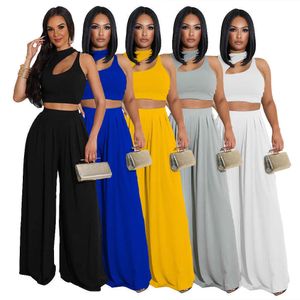 Designer Women Two Pieces Pants Outfits Summer Sexy Solid Color Sleeveless Round Neck Vest Wide Leggings Fashion Loose Suits Plus Size