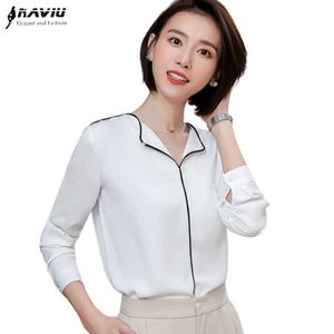 White Shirt Women V Neck Design Retro Elegant Spring Long Sleeve Chiffon Blouses Office Ladies Casual Work Tops 210604