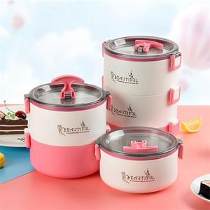 Lancheira de aço inoxidável Multi-camada redonda isolante térmico Bento BPA portátil BPA Free Food Recipiente de armazenamento 210423