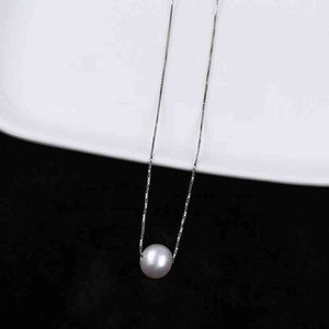 8-9mm Naturlig Frhwater Round Pearl Pendant Sier Chain Halsband för kvinnor gåva