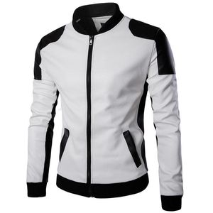 Brand Fashion Men's Stand Collar Leather Jacket With Black And White Color Matching Jackets