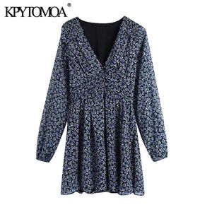 Kobiety Chic Moda Floral Print Plised Mini Dress Vintage V Neck Długim Rękawem Kobiet Sukienki Vestidos Mujer 210416