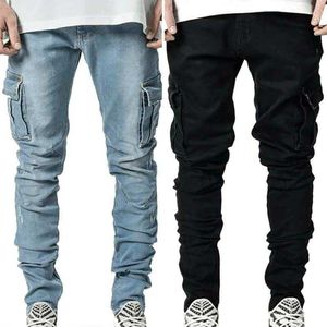 Mężczyźni Solidna Chude Kieszenie Dżinsowe Cargo Combat Spodnie Dżinsy Slim Fit Fit Spodnie Dna Moda Męskie Casual Outwear Jeans 210622