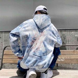 Autunno inverno tie-dye uomo pullover oversize con cappuccio top paio di vestiti più velluto Unisex Streetwear stile coreano Felpe con cappuccio casual 210819