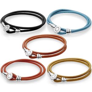 Original Multicolor Double Leather With Button Clasp Bracelet Fit Fashion Sterling Silver Bangle Bead Charm DIY Jewelry