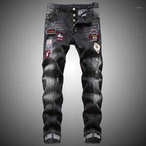 Svart rippade jeans män mode streetwear hål denim byxor manlig casual vintage graffiti print rakt smal passform nz109 män