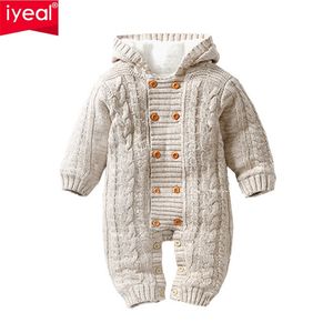 Iyeal tjock varmt barn baby rompers vinter kläder född pojke flicka stickad tröja jumpsuit hooded kid toddler ytterkläder 210826