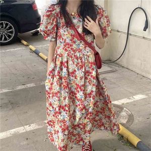 Printing Elegance Puff Sleeves Chic Prom Lady Florals Slim Party Long Dress Femme All Match Vestidos 210525