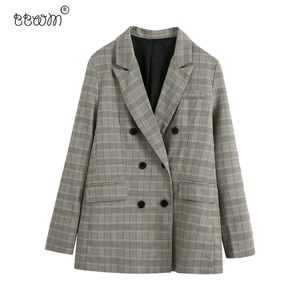 BBWM Mulheres Moda Elegante Dupla Breasted Verificação Terno Jacket Vintage Escritório Ladies Manga Longa Bolsos Coat 210520