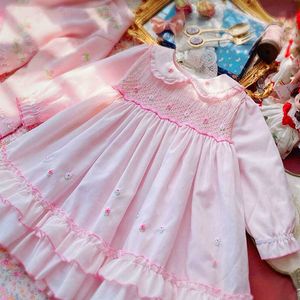 Çocuklar İspanyol Elbiseler Kızlar El Yapımı Smocked Pembe Pamuk Elbise Çocuk Smocking Uzun Kollu Nakış Çiçek Frock Giysileri 210615